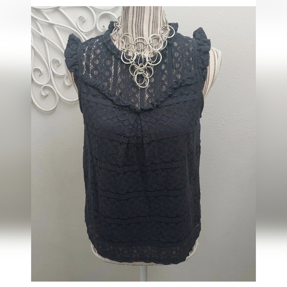 Monteau Los Angeles Navy Blue  Lace Lined Sleeveless Flutter Top Blouse